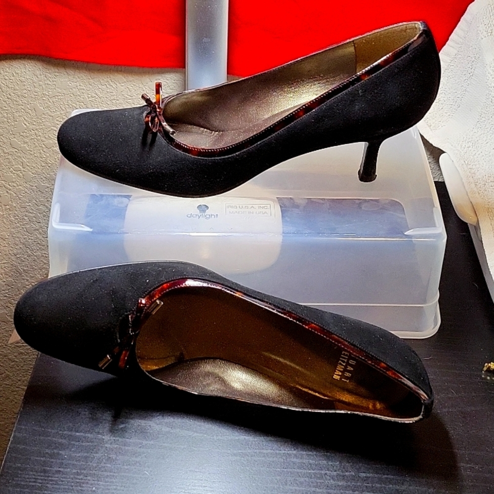Stuart Weitzman black suade, tortoise shell trim heels size 12N